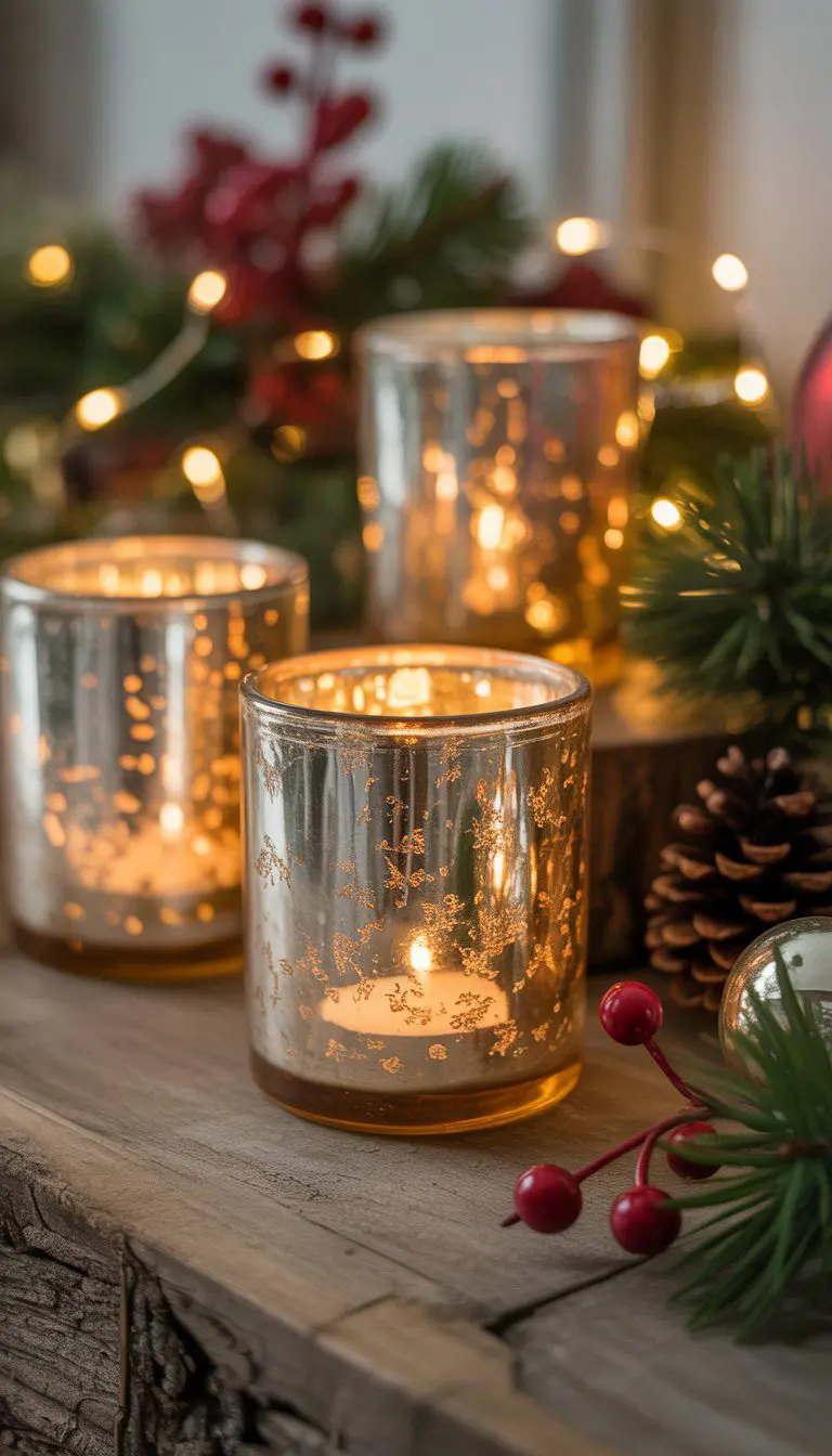 Close-up of vintage mercury glass candle holders glowing warmly surrounded by Christmas decorations on a wooden surface.