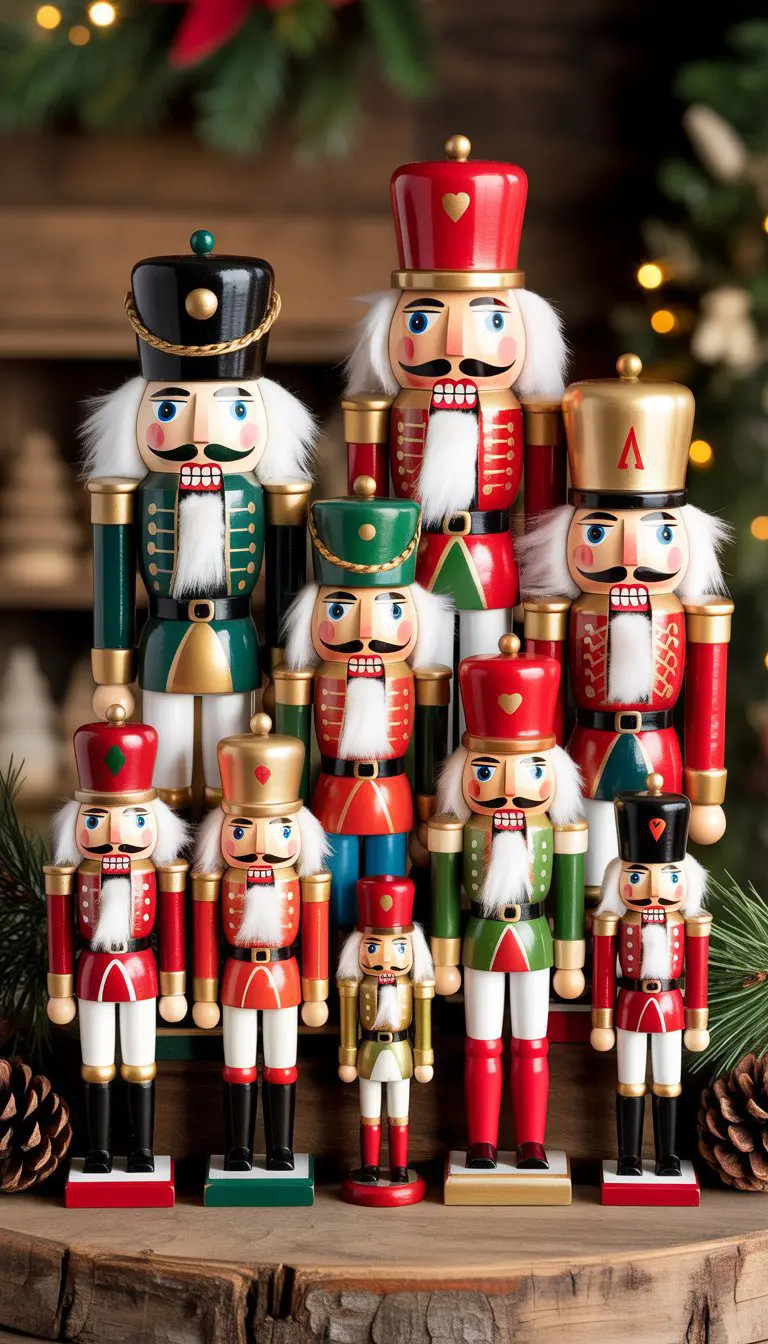 A group of wooden nutcracker soldier figures arranged on a wooden surface with pine branches and pinecones in the background.