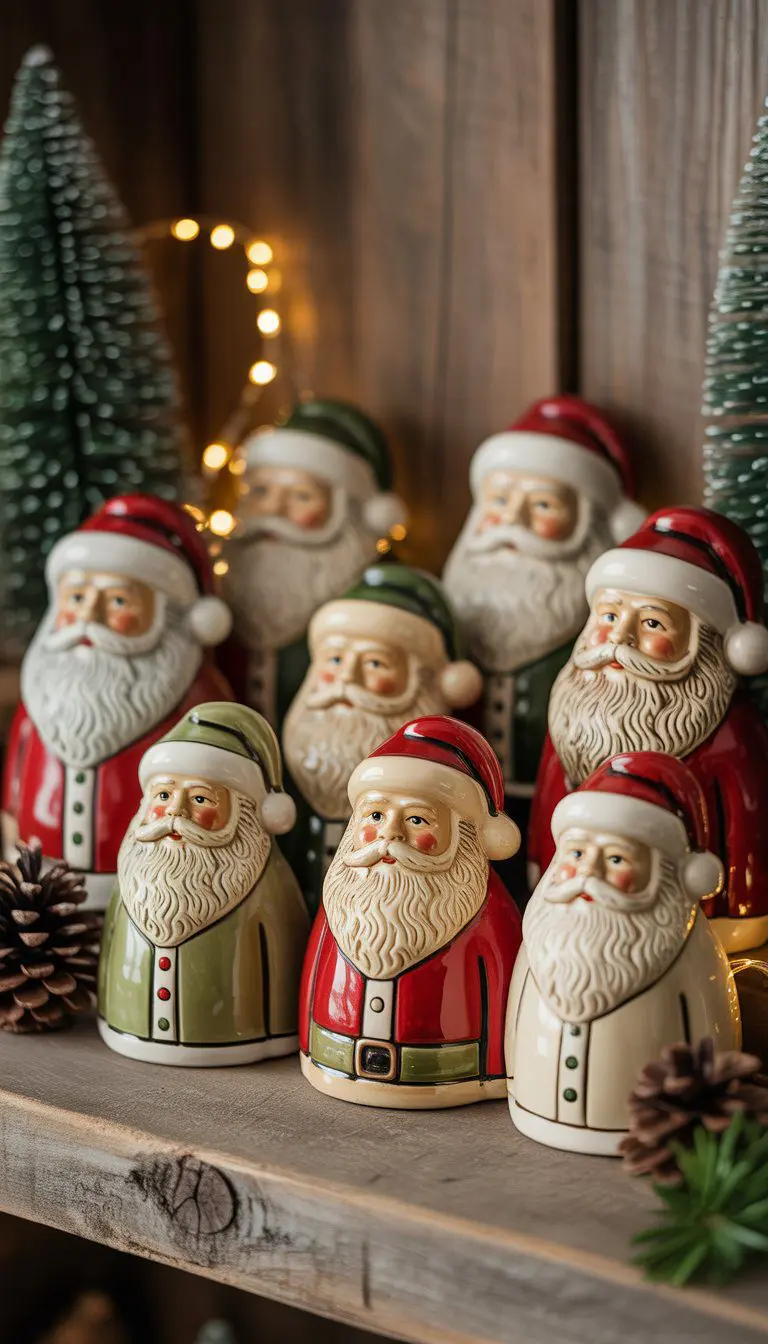 A collection of ceramic Santa Claus figurines displayed on a wooden shelf with holiday decorations.
