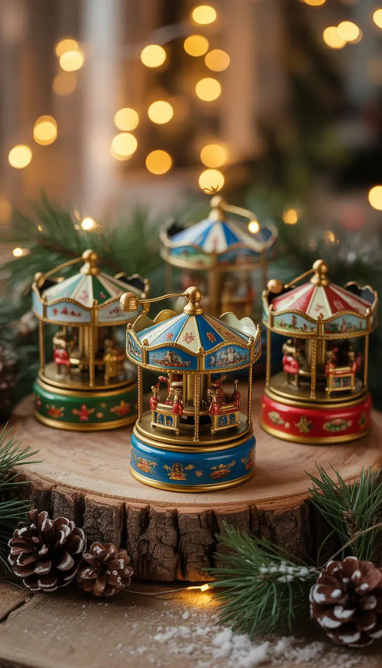 A collection of vintage tin carousel music boxes displayed with pine branches and pinecones on a wooden surface with warm holiday lighting.