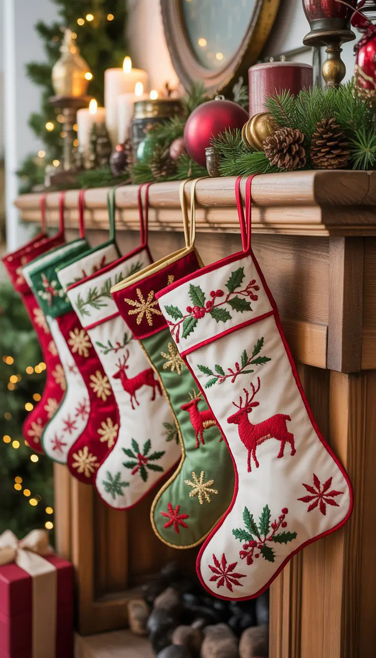 A mantel decorated with embroidered Christmas stockings and vintage holiday decorations, including candles, pinecones, and evergreen sprigs.
