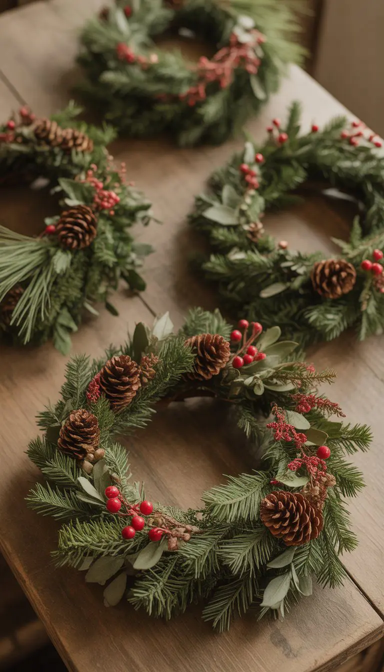 A group of rustic faux greenery wreaths decorated with pinecones and red berries on a wooden surface.