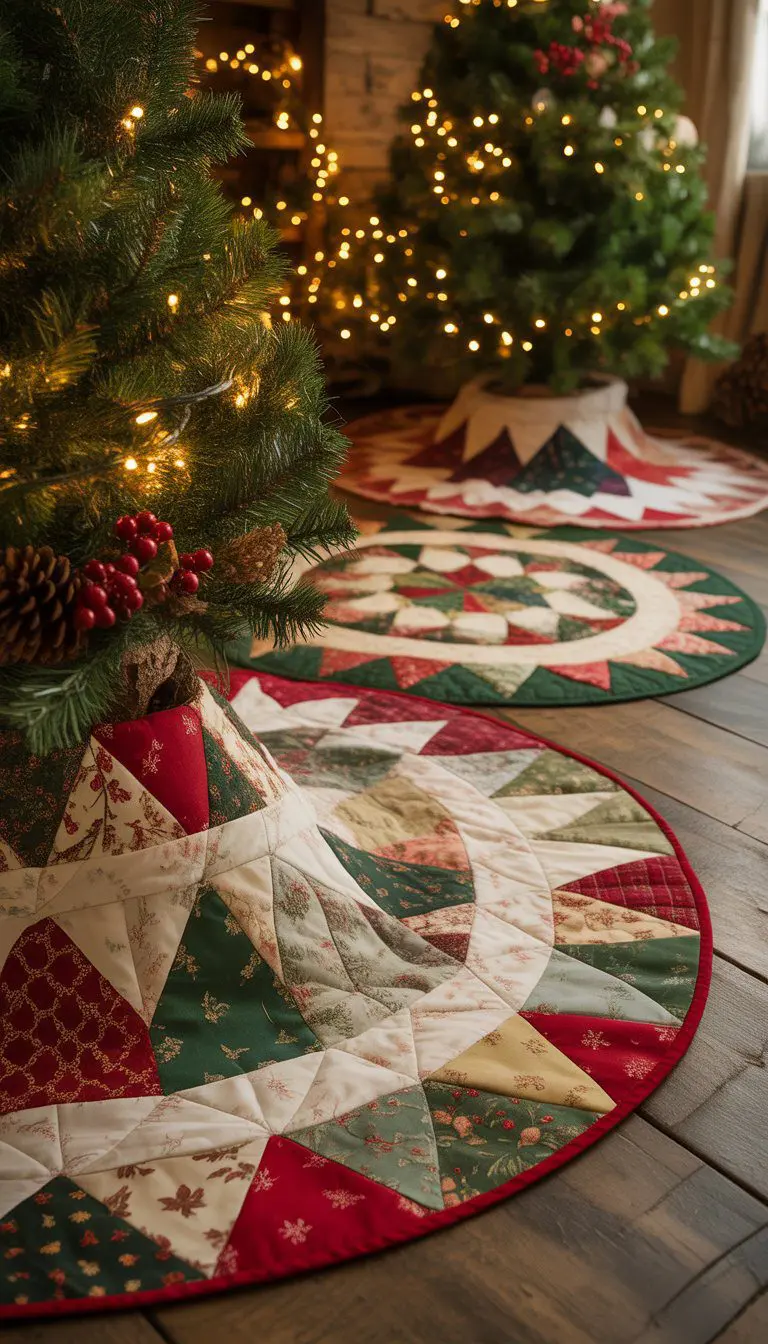 Several handmade patchwork quilt tree skirts with festive patterns arranged around Christmas trees in a warm holiday setting.