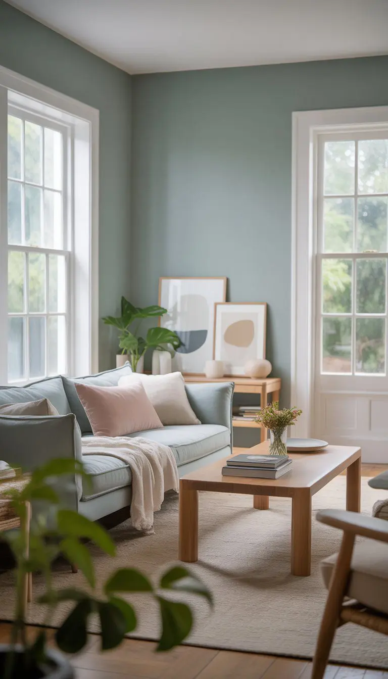 A peaceful living room with soft greenish-blue walls, white trim, a gray sofa, wooden coffee table, plants, and natural light coming through large windows.