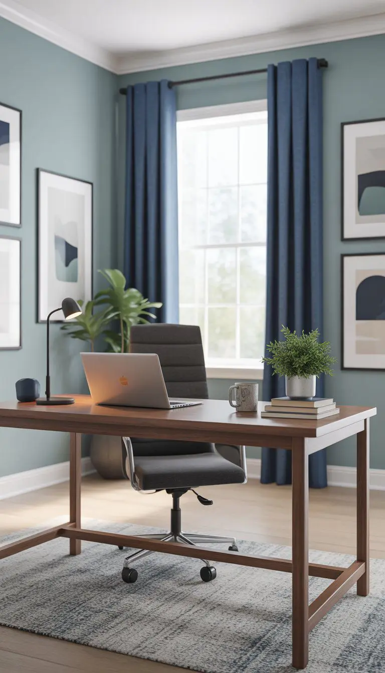 A home office with greenish walls, a wooden desk, a gray chair, navy curtains, and natural light coming through a window.