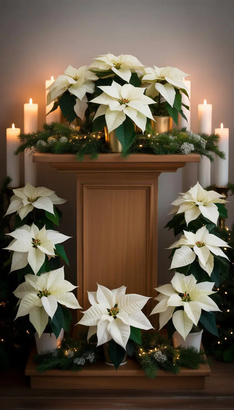 A Christmas altar decorated with thirteen white poinsettia plants surrounded by candles and greenery.
