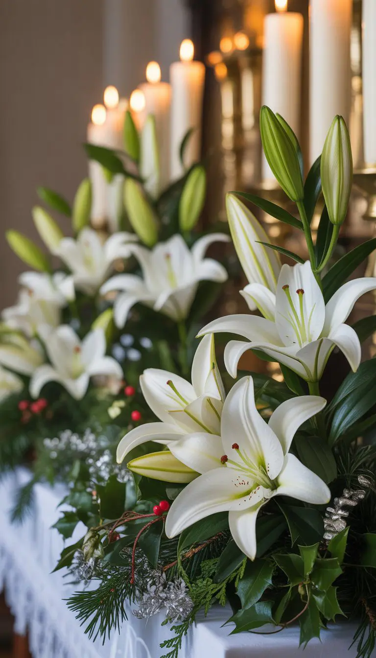 A Christmas altar decorated with thirteen floral arrangements of soft white lilies, greenery, pine branches, and candlelight.