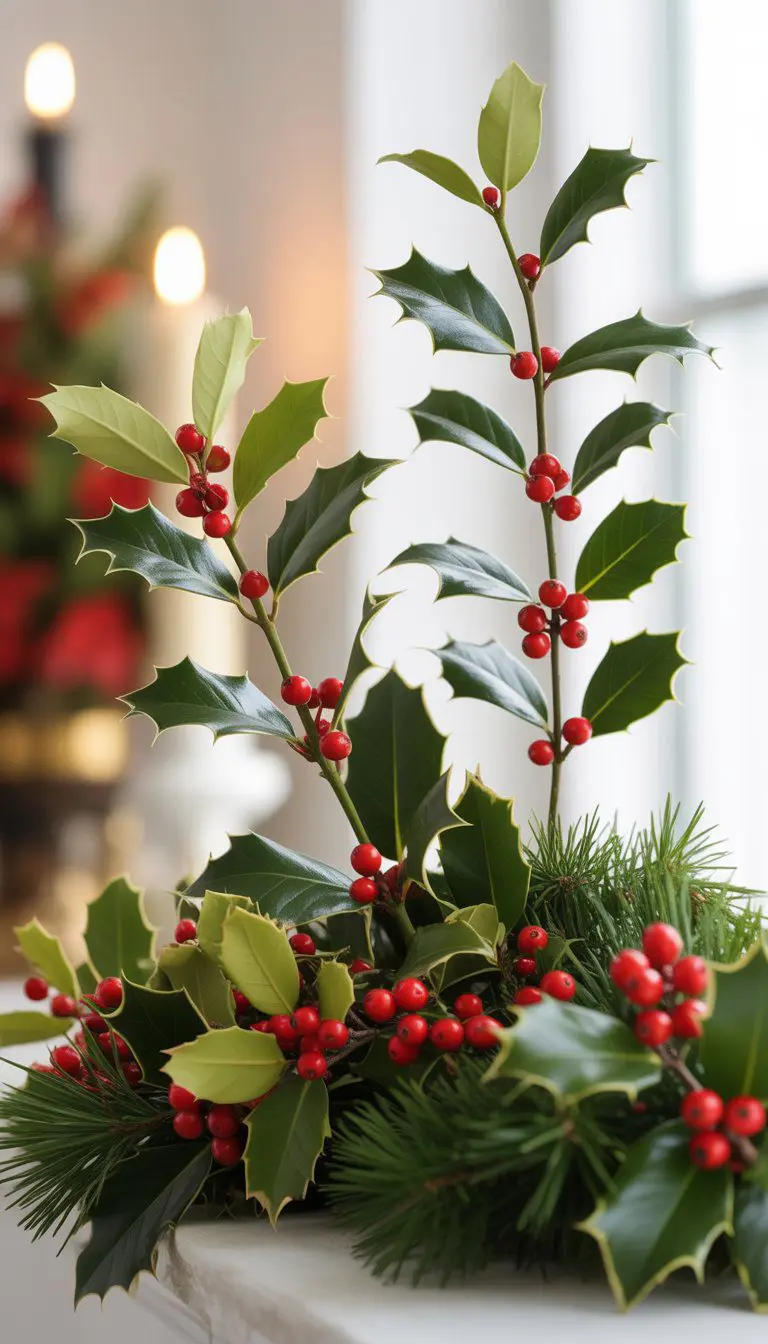 Close-up of holly sprigs with bright red berries arranged for Christmas decoration.