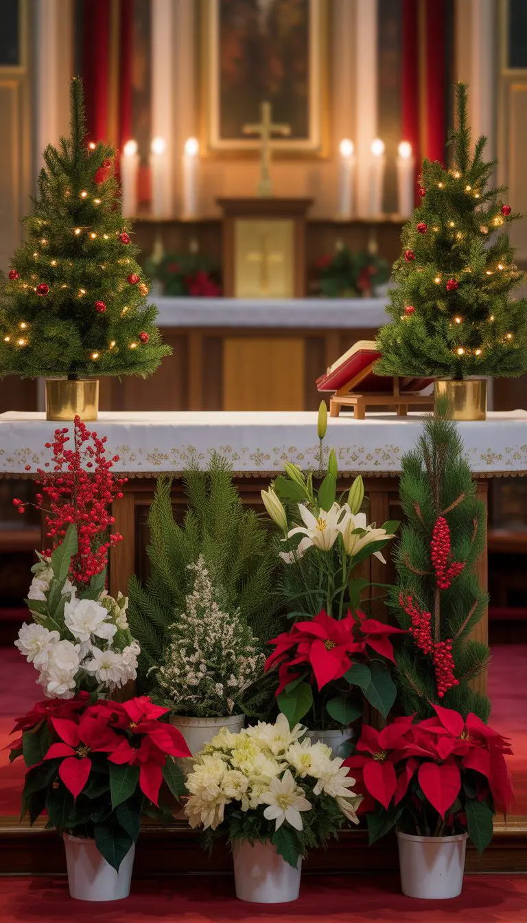 Church altar decorated with miniature Christmas trees and thirteen Christmas floral arrangements on each side.