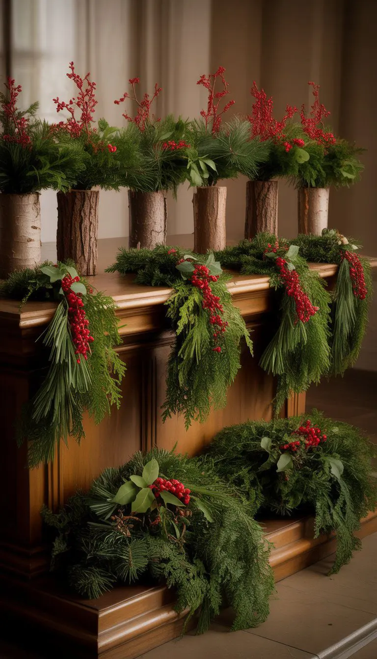 Thirteen Christmas altar flower arrangements with evergreen swags, twig pedestals, and red berries displayed on a wooden surface.