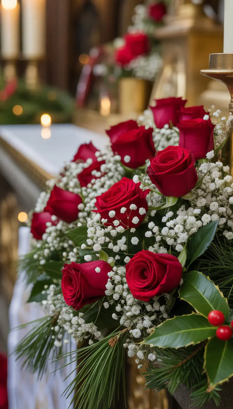 A Christmas altar decorated with red roses and white baby's breath flowers arranged together.