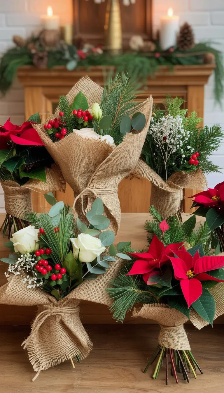 Several burlap-wrapped bouquets with red and white flowers, pine branches, and holly berries arranged on a wooden altar table with Christmas decorations.