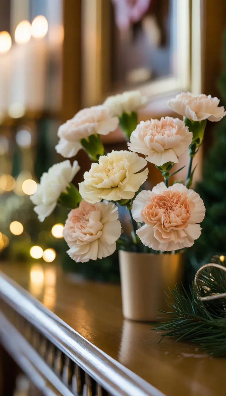 Cream-colored carnations arranged on a wooden altar with soft Christmas decorations in the background.