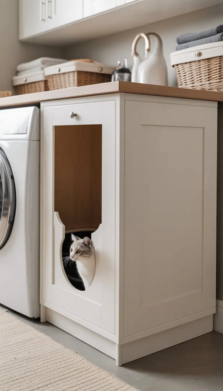Laundry room with a white cabinet featuring a side hole for a cat to enter, hiding a litter box inside.