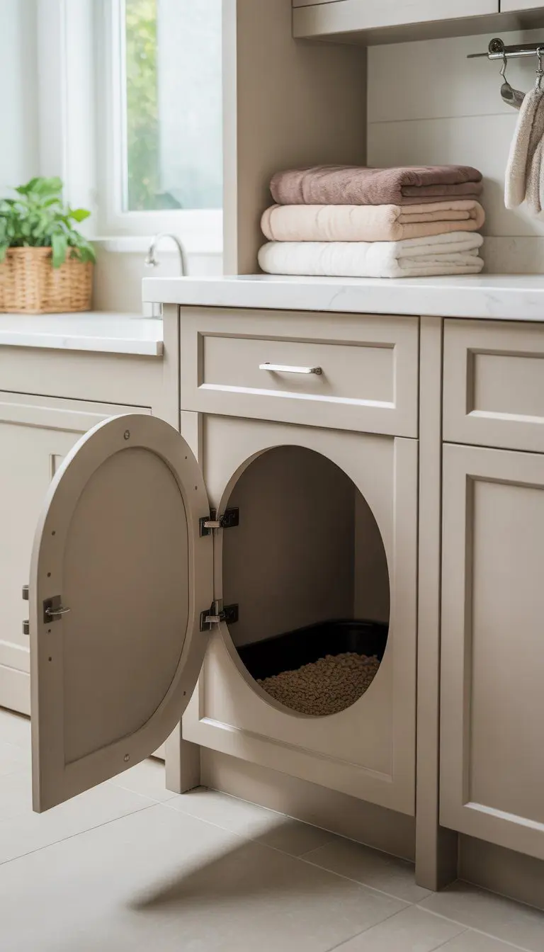 Laundry room with an under-counter cabinet converted into a cozy cat litter box nook with a hidden door slightly open.