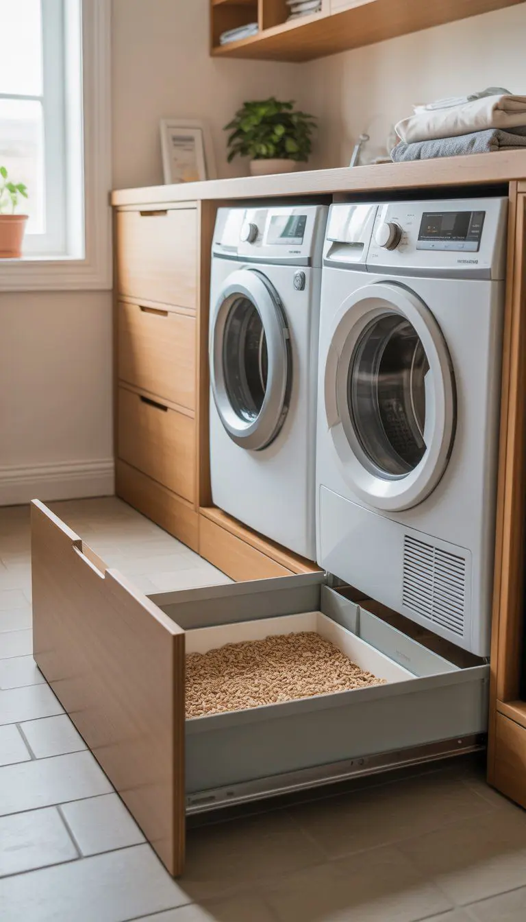 Laundry room with a washer and dryer and a sliding drawer between them containing a cat litter box.