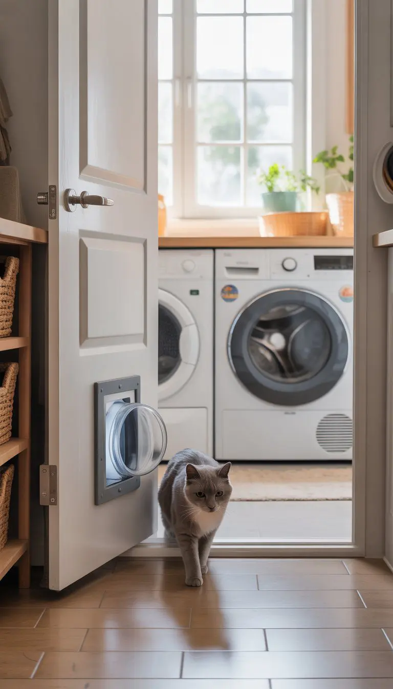 Laundry room entrance with a small cat door and a cat near a hidden litter box inside the room.