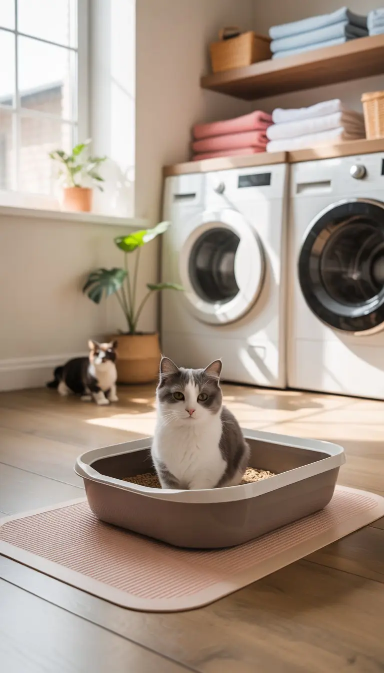 A clean laundry room with a cat litter box on an odor-absorbing mat, washer and dryer, folded laundry, and a small plant.