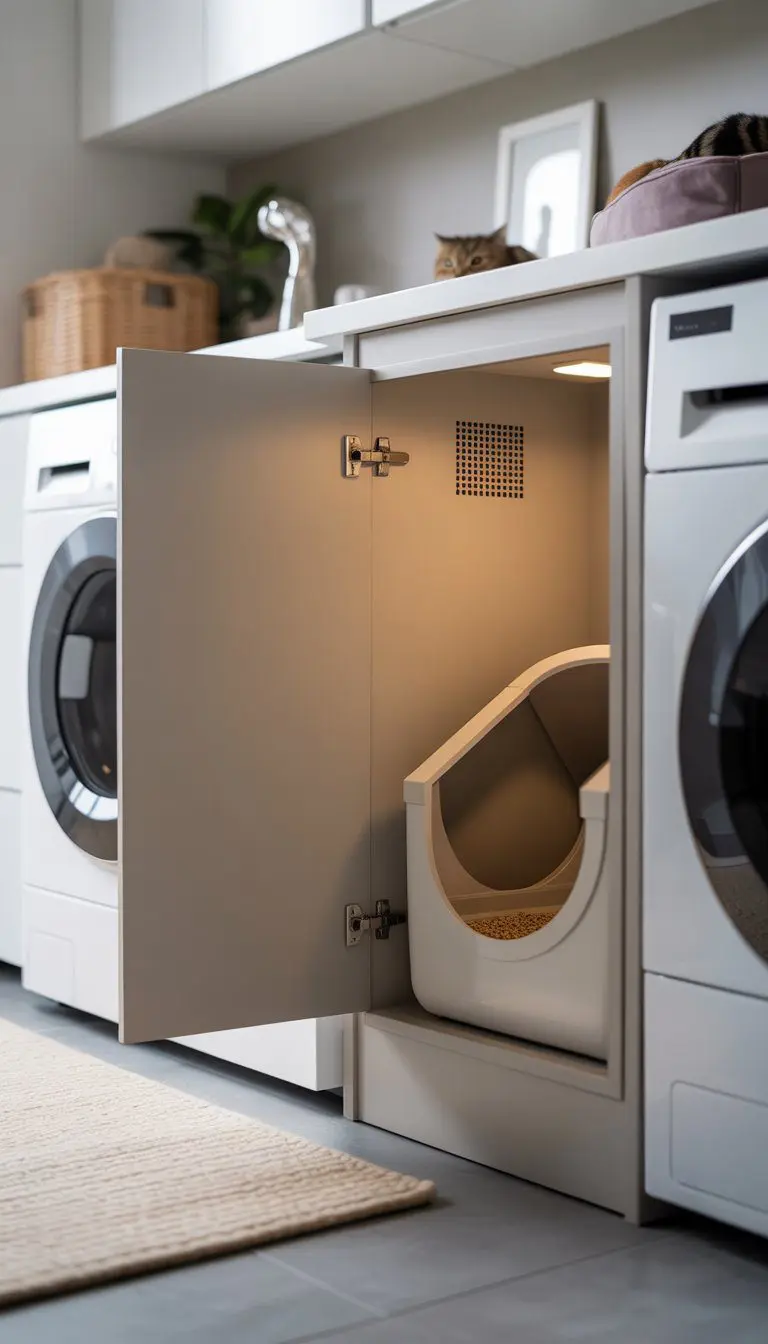 A clean laundry room with a cabinet containing a cat litter box equipped with a built-in vent or fan to reduce odors.