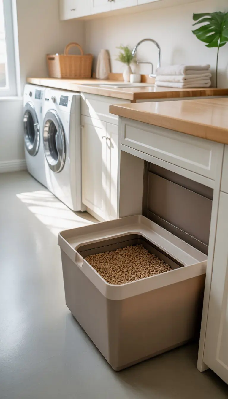 Laundry room with a top-entry cat litter box tucked under the countertop next to a washing machine and dryer.