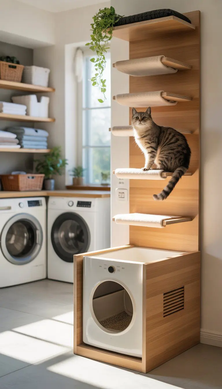 Laundry room with a cat climbing shelves next to a cat litter box enclosure, a cat resting on the shelves, washer and dryer in the background.
