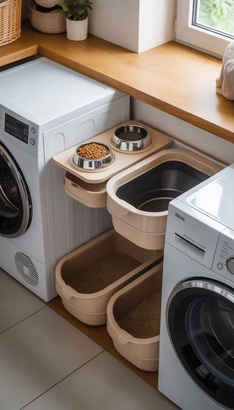 A compact laundry room corner with washing machines and integrated cat feeding and litter stations arranged neatly to save space.