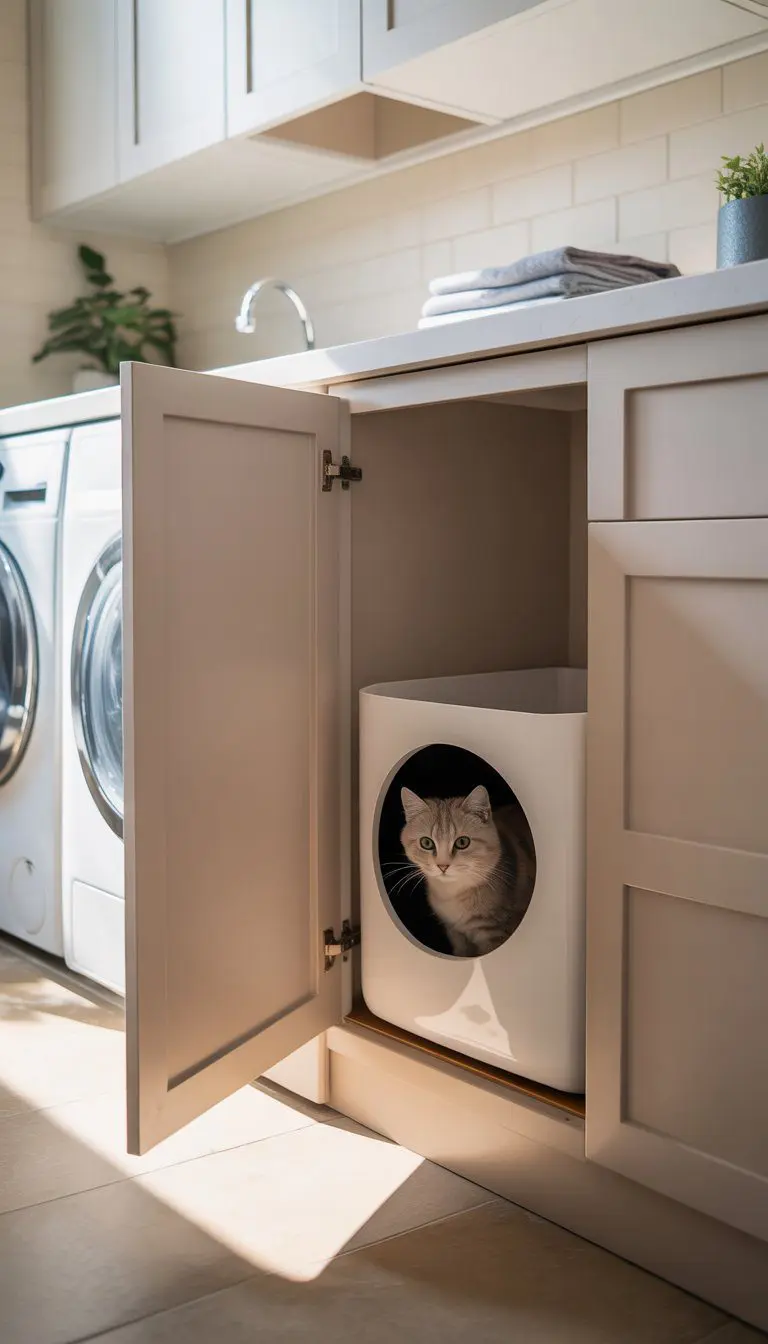 A clean laundry room with a cabinet containing a cat litter box inside.