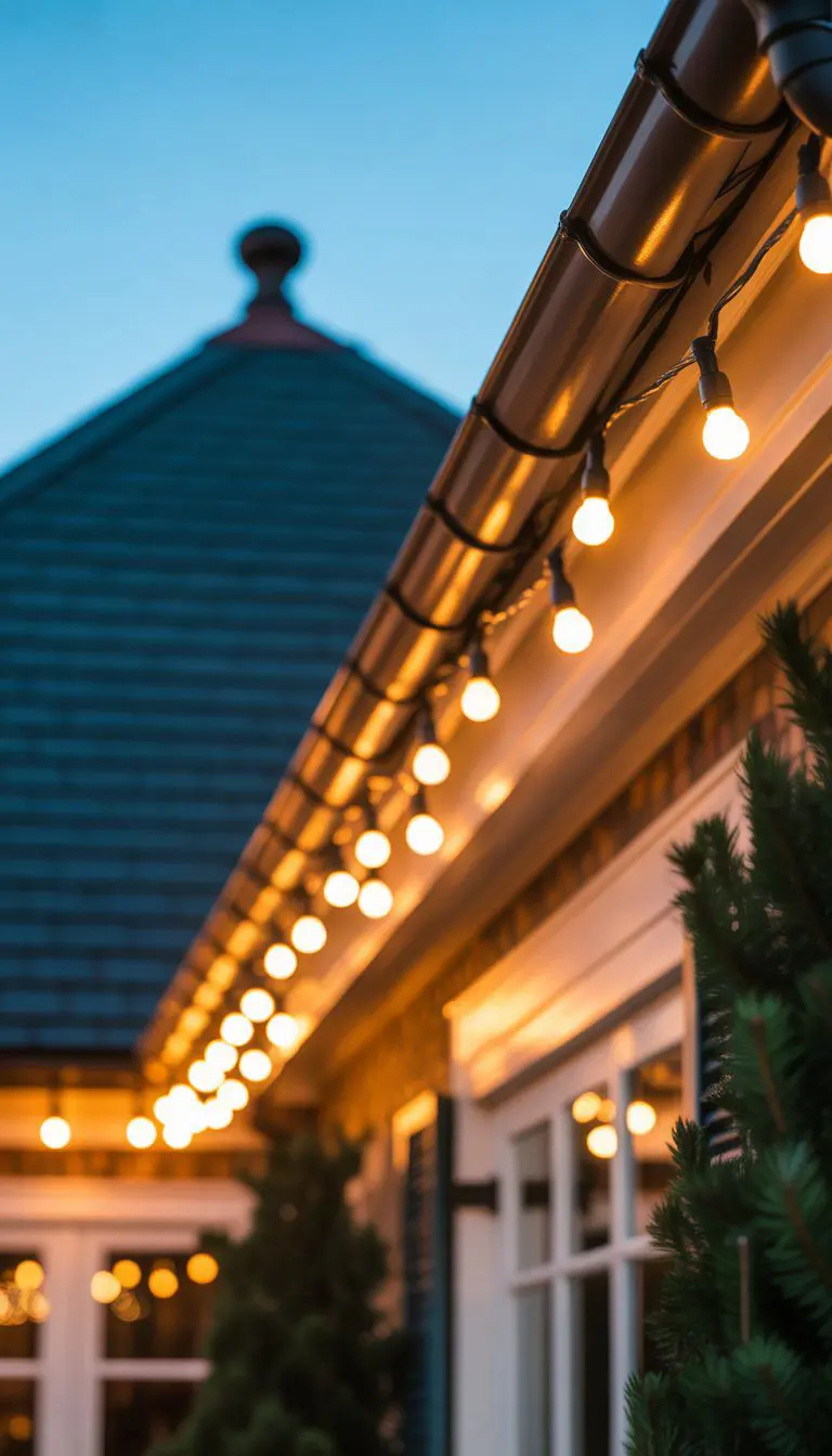 Warm white string lights hanging along the roofline of a house glowing softly in the evening.