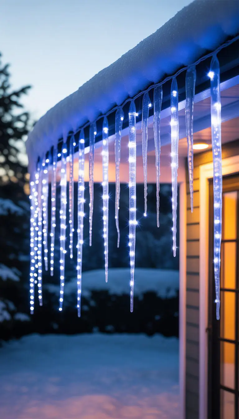 LED icicle lights hanging from the eaves of a house with snow on the roof and trees in the background.