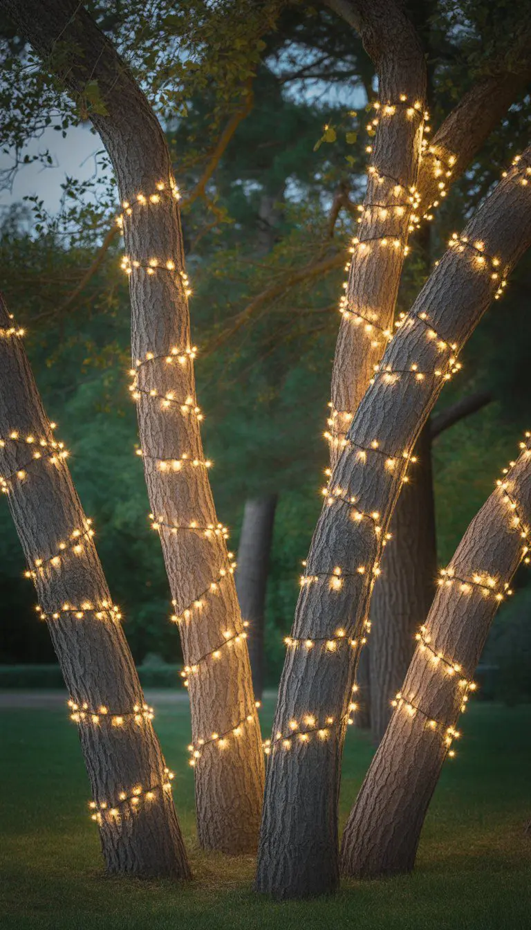 Tree trunks and large branches wrapped with twinkling fairy lights in an outdoor wooded area at dusk.