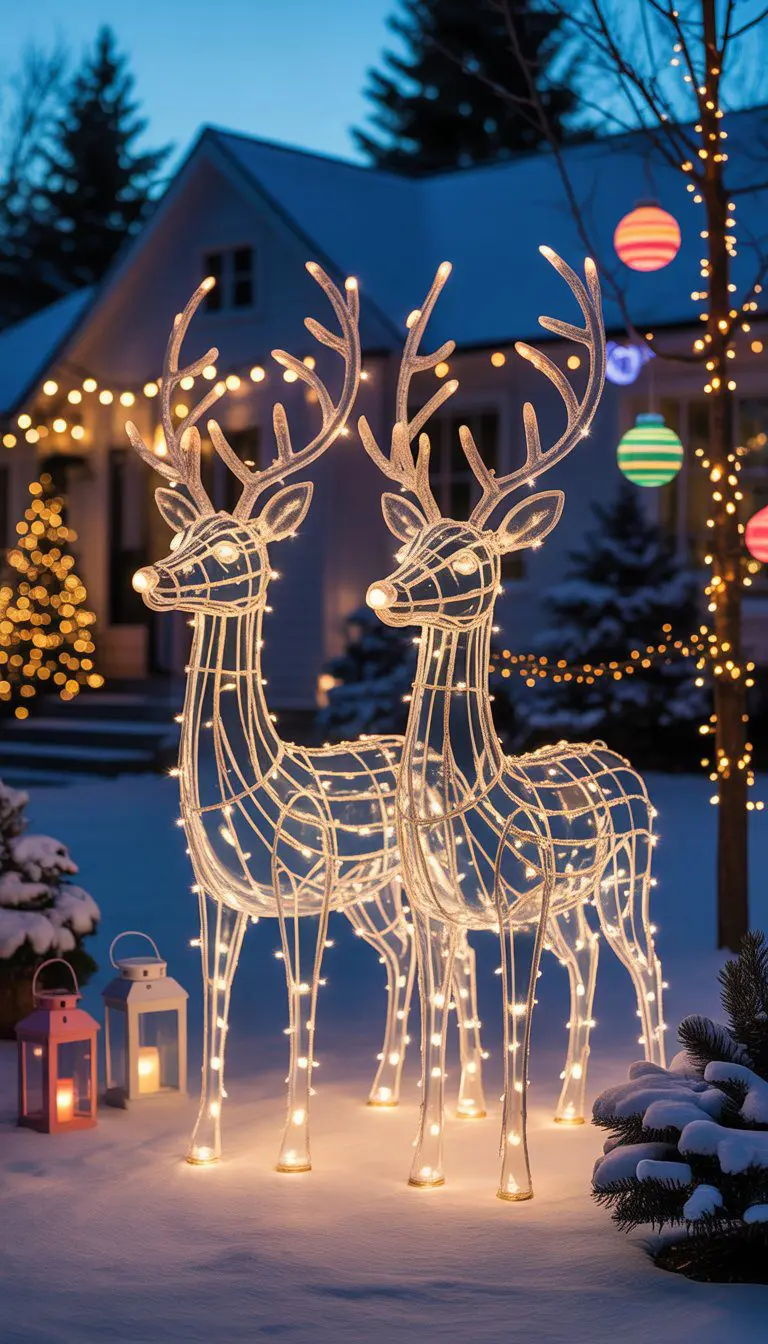 Two illuminated reindeer sculptures standing in a snowy yard decorated with outdoor Christmas lights during evening.