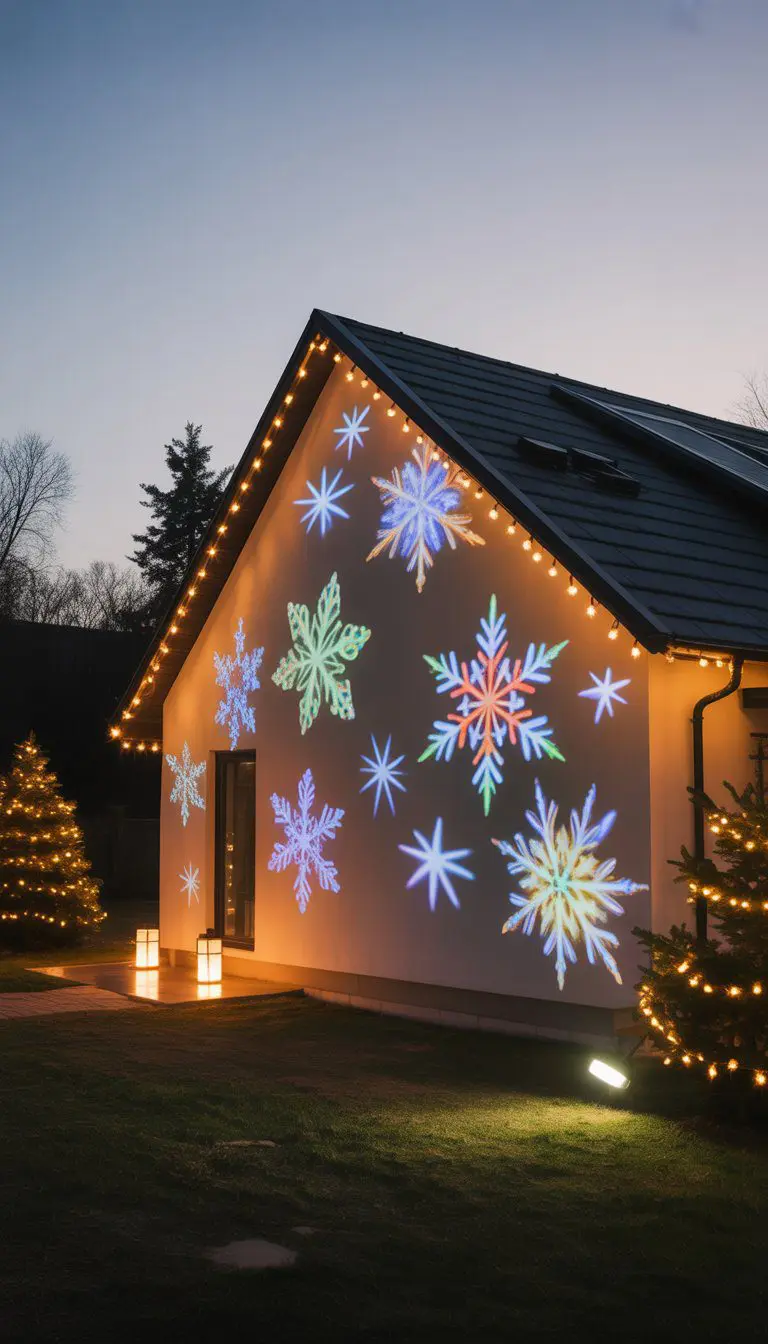 A house exterior at dusk decorated with Christmas lights and motion-activated LED projectors casting snowflake and star patterns on the walls.
