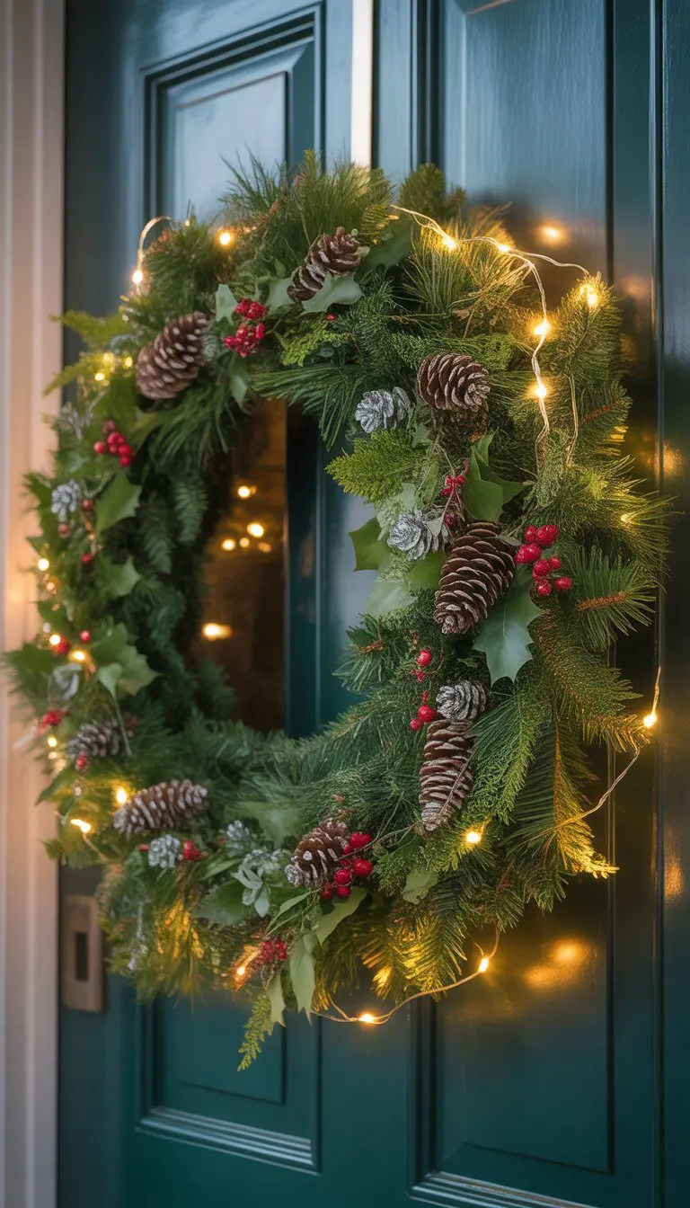 A front door decorated with a green wreath featuring warm white fairy lights, pine cones, and red berries.