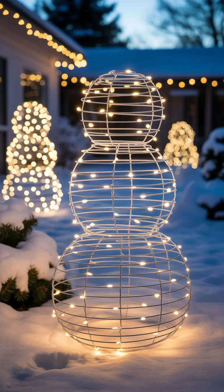 Outdoor scene of glowing snowmen made from stacked wire hoops wrapped with white string lights in a snowy garden at dusk.