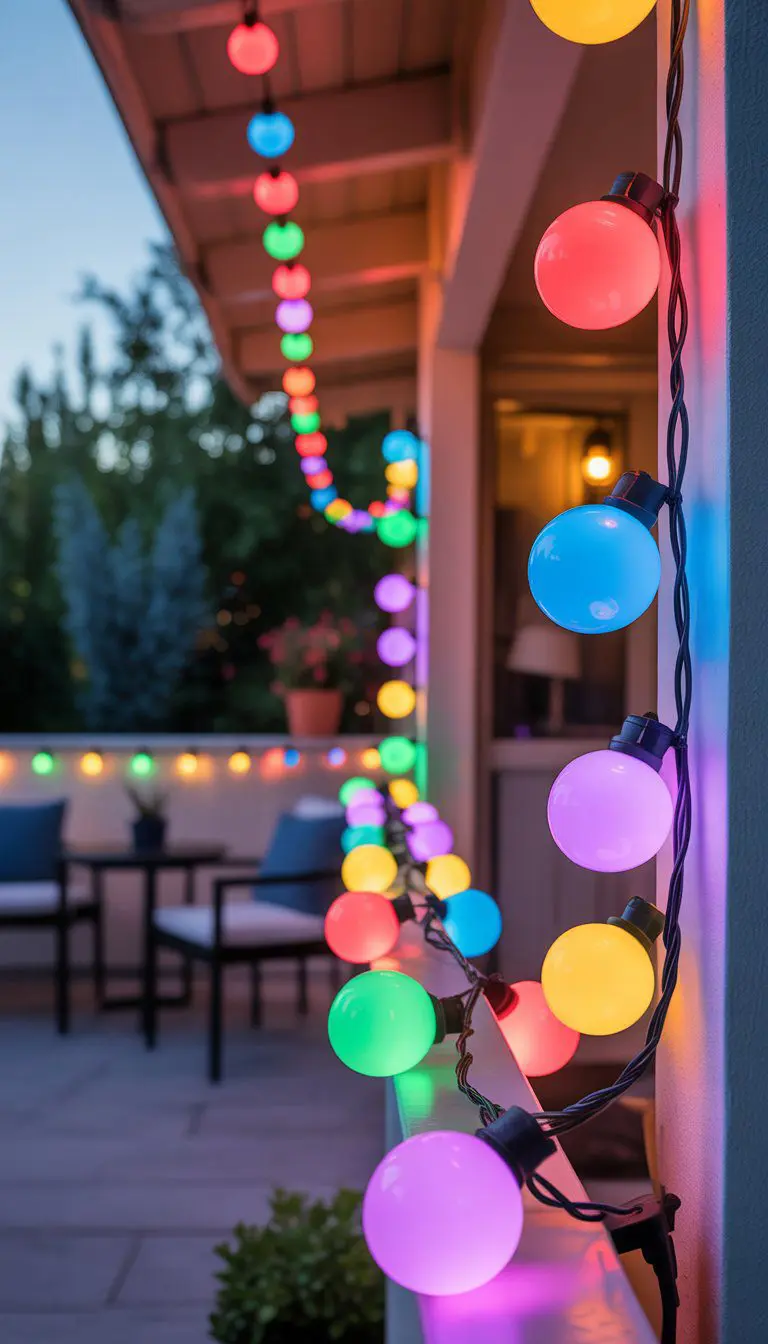 Colorful LED globe string lights hanging on a balcony railing at dusk with outdoor furniture and plants in the background.