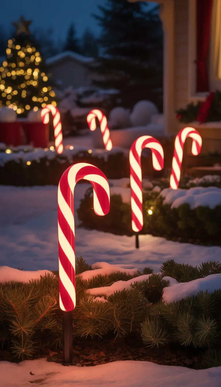 A walkway lined with glowing candy cane-shaped solar stake lights surrounded by snow and evergreen plants at night.