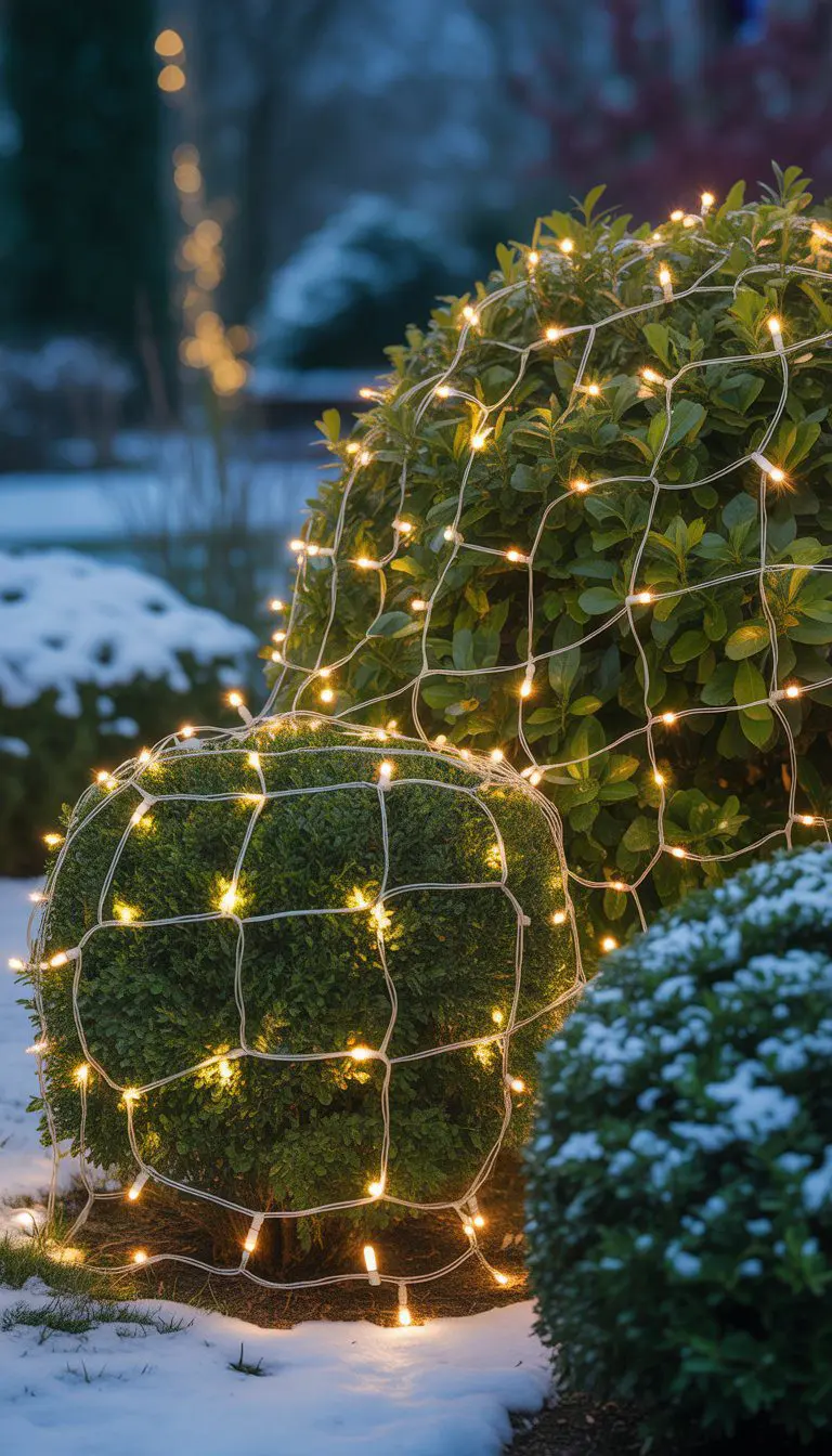 Bushes and hedges outdoors covered evenly with glowing Christmas net lights during winter evening.