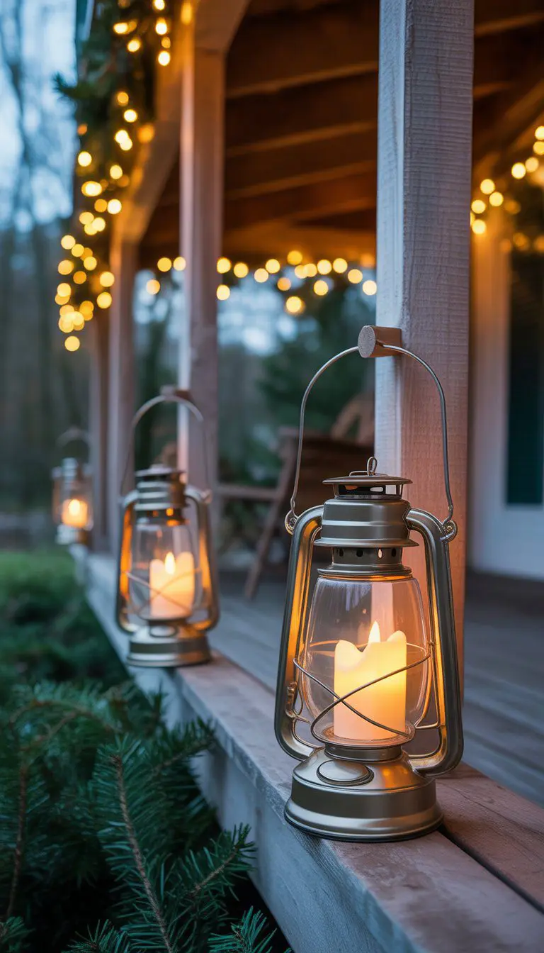 Vintage lanterns with LED candles hanging from porch hooks on a wooden porch with outdoor Christmas lights in the background during evening.