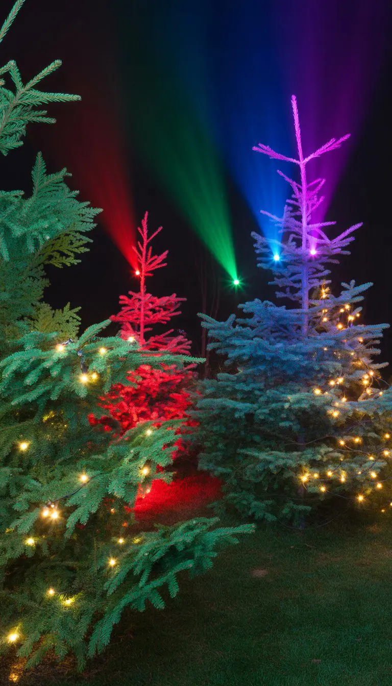 Evergreen trees outdoors at night illuminated by colorful spotlights and Christmas lights.