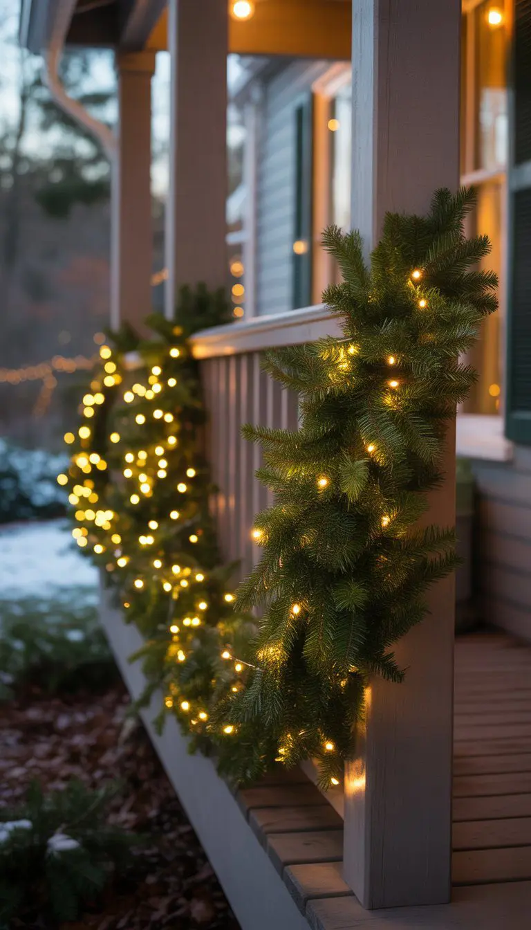 A wrap-around porch with railings decorated with green garlands woven with tiny twinkle lights glowing in the evening.