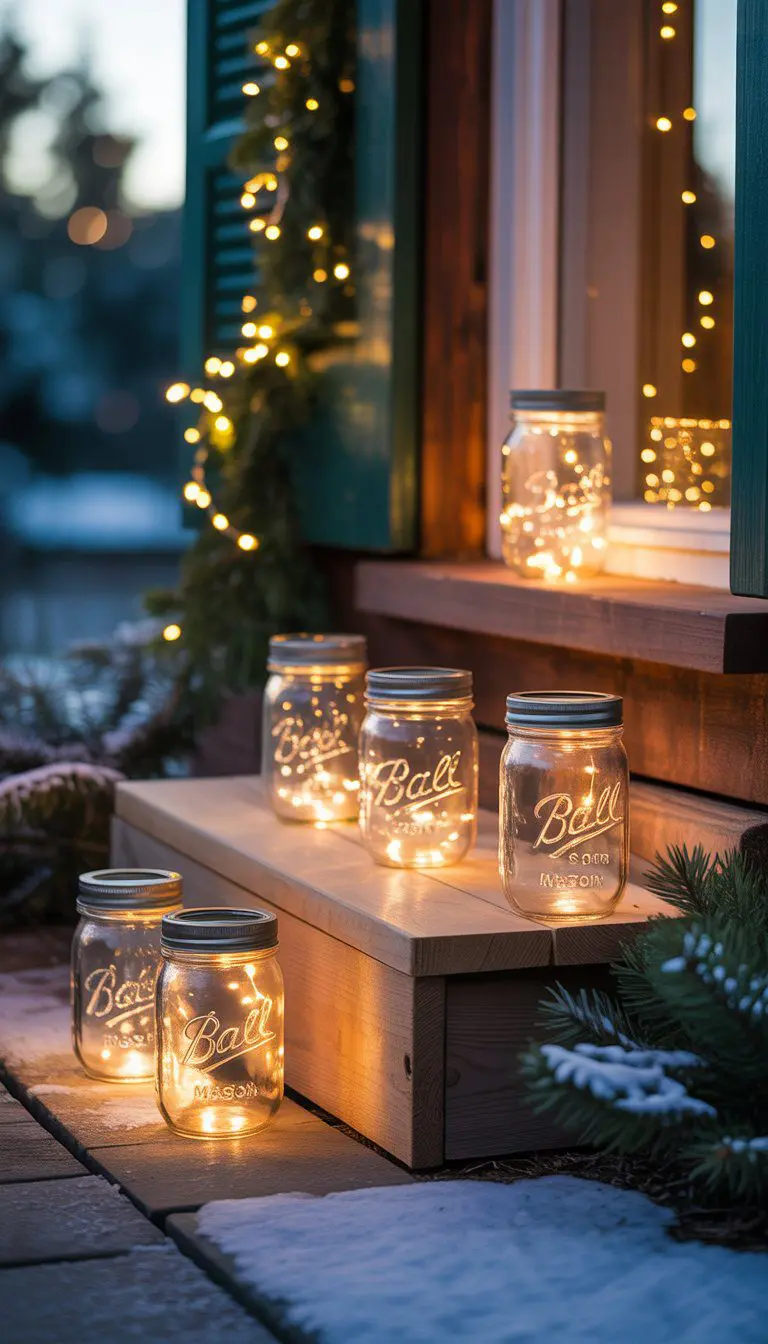 Battery-operated mason jar lanterns glowing softly on outdoor steps and window sills with Christmas lights in the background.