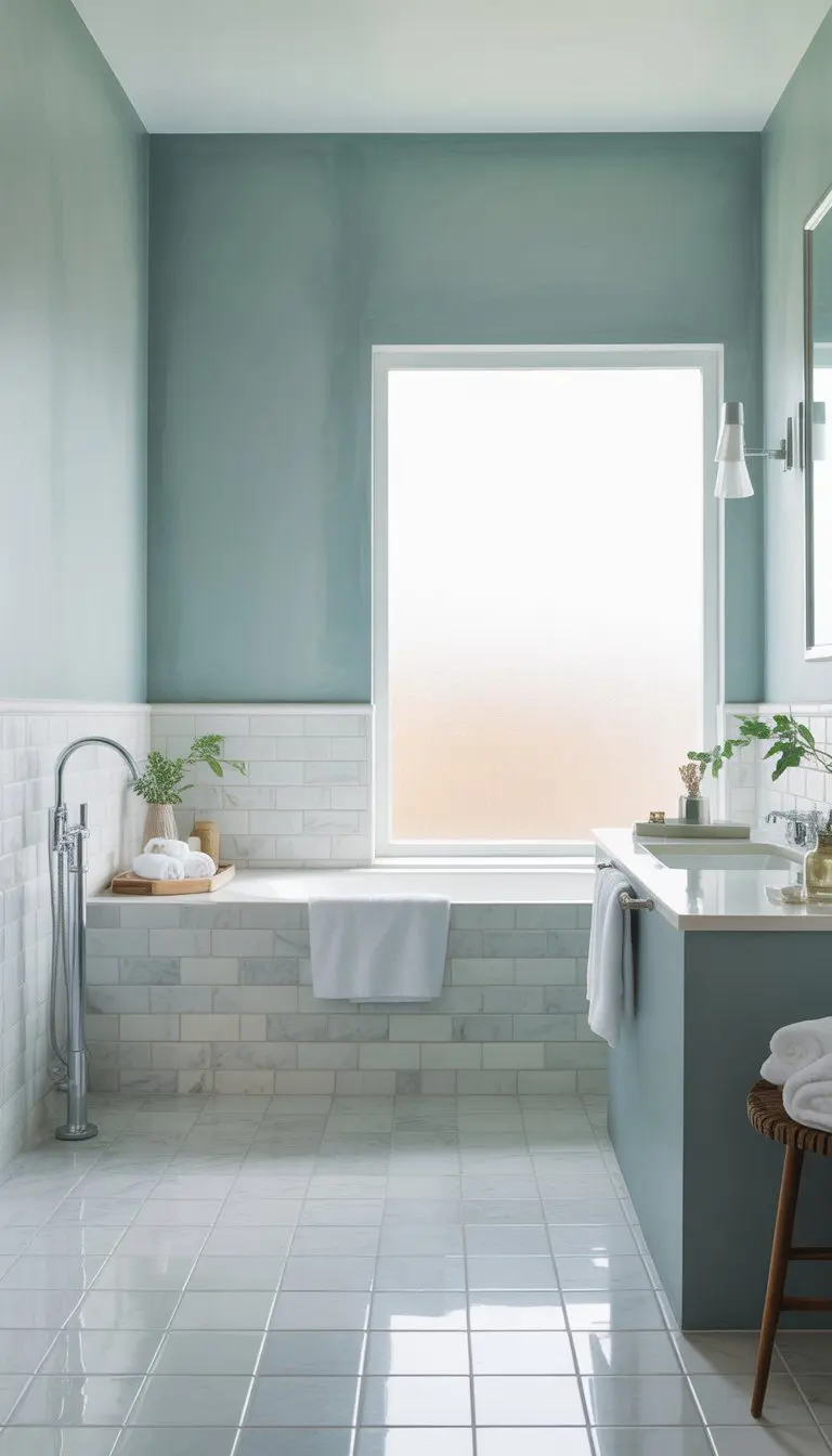 A bathroom with soft greenish-blue walls and white marble-style tiled floor, featuring a freestanding bathtub, vanity, and natural light.