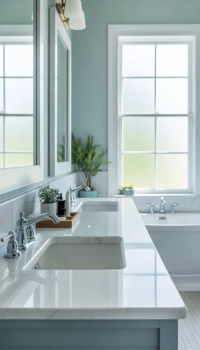 A bright bathroom with white vanity tops, soft greenish-blue walls, modern fixtures, and natural light coming through a window.