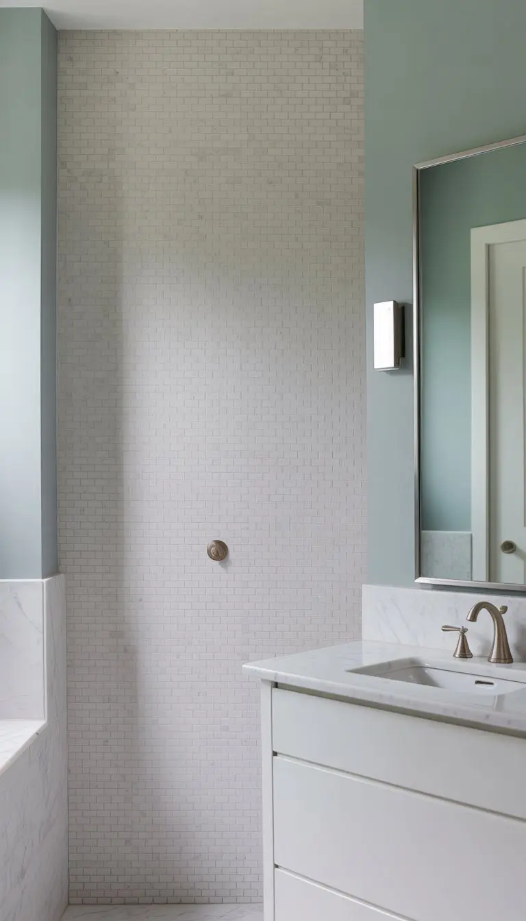 A modern bathroom with a white vanity, large mirror, and a marble basket-weave accent wall under soft natural light.