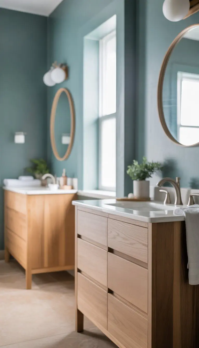 A bathroom with sea salt colored walls and light wood vanities, featuring white countertops, round mirrors, and natural light.