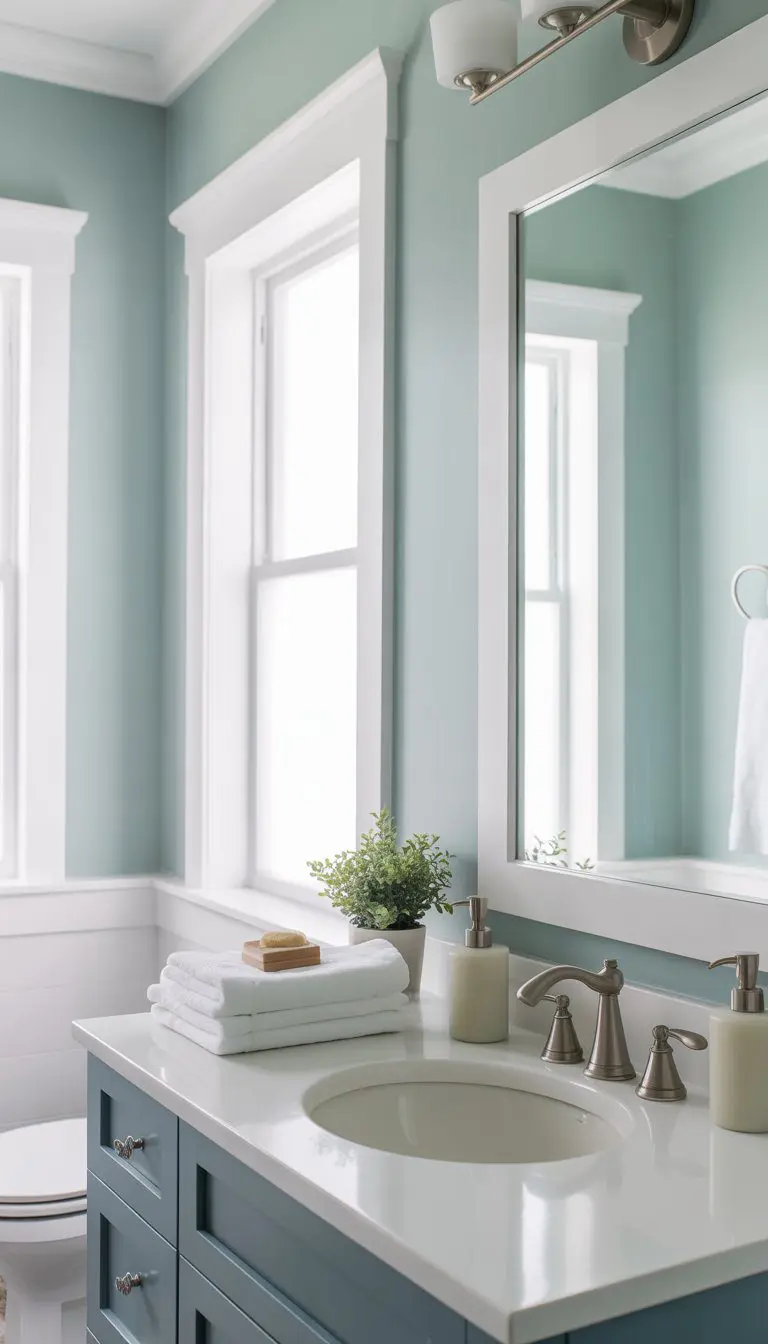 A bathroom with soft greenish-blue walls and white trim, featuring a vanity, mirror, and natural light.