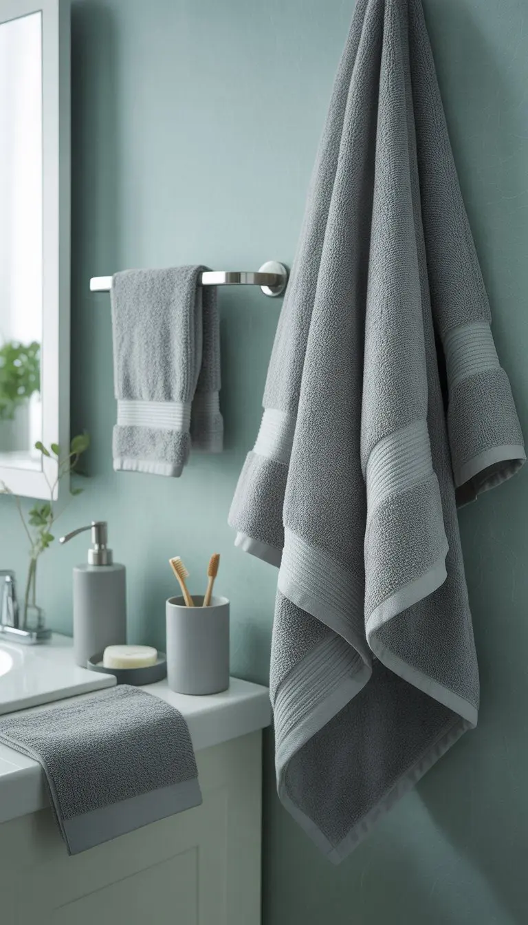 A bathroom with soft gray towels and accessories, light greenish-blue walls, a white sink, a mirror, and a small potted plant.