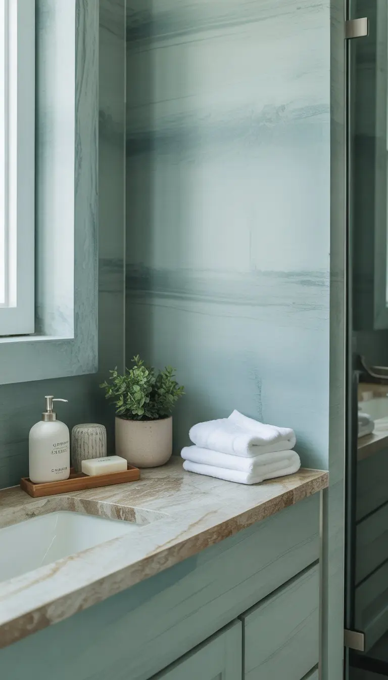 A bathroom with soft greenish-blue walls and natural stone countertops, featuring a small plant, soap dispenser, and folded towels on the counter.