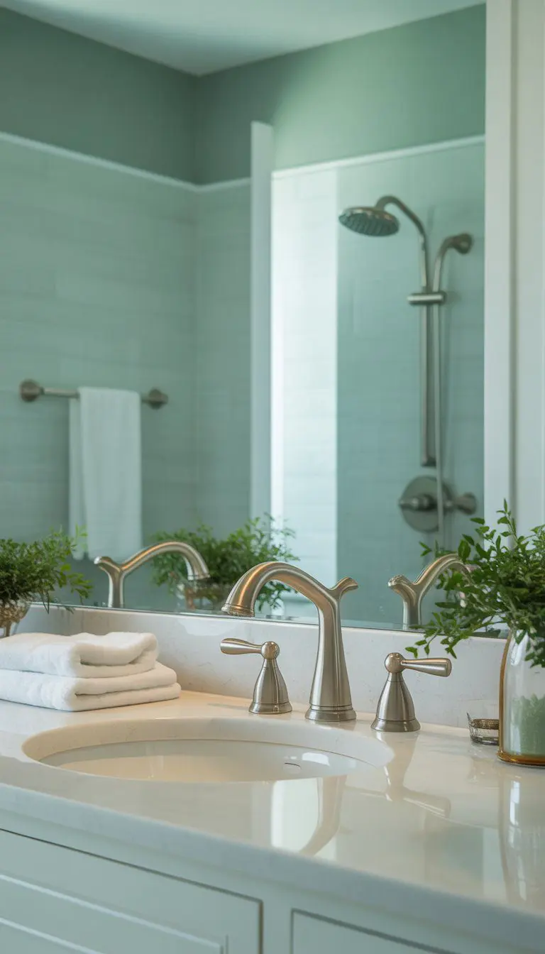 A bathroom with brushed nickel fixtures, sea salt green walls, a white vanity, a large mirror, and natural light creating a calm atmosphere.