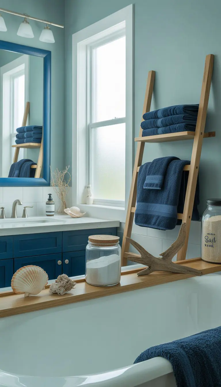 A bright bathroom with sea green walls, a white bathtub, navy towels, wooden shelves, and coastal decorations.